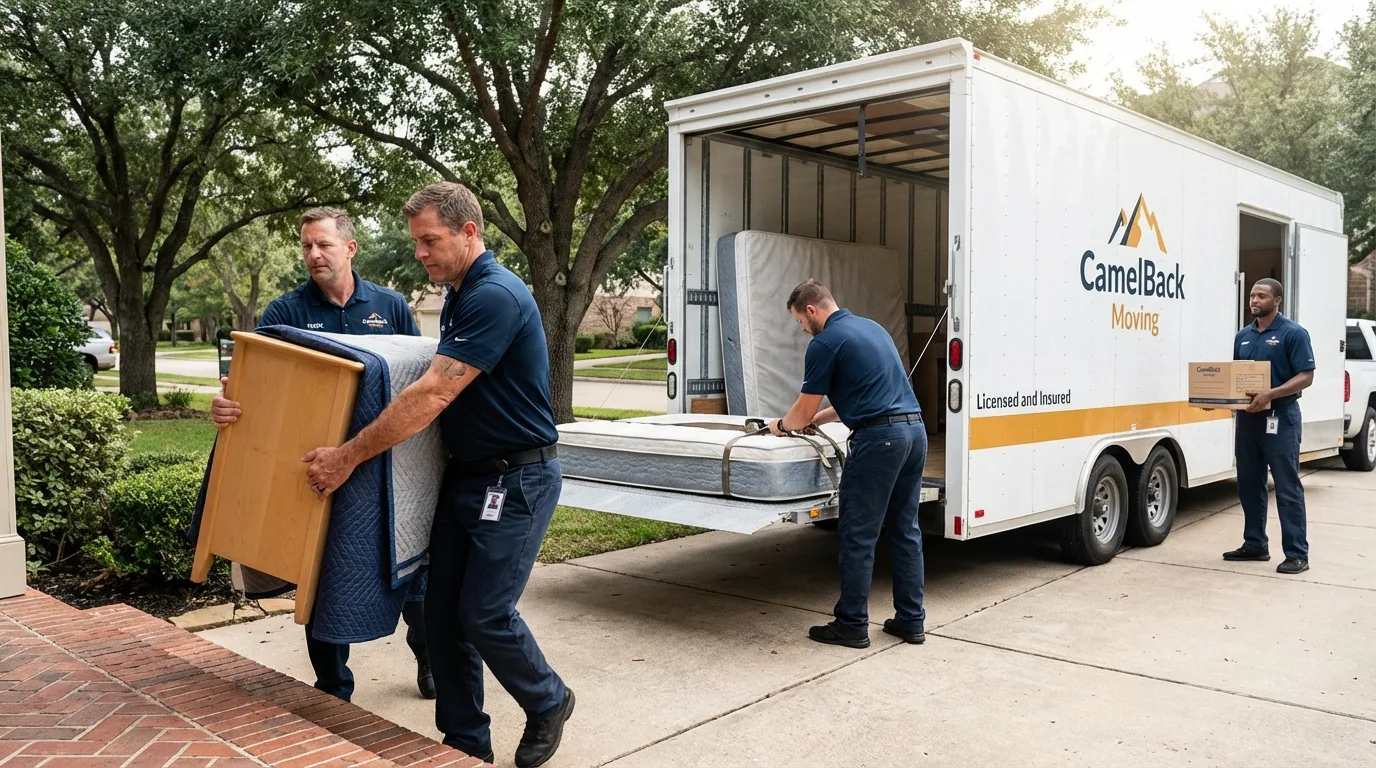 Crew loading residential truck for cross-state move from Mapleton, MN