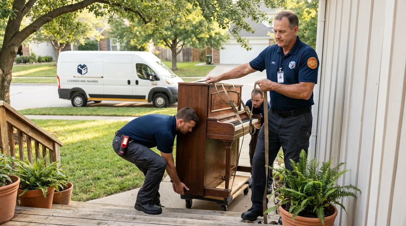 Licensed piano movers securing grand piano in Mapleton, MN