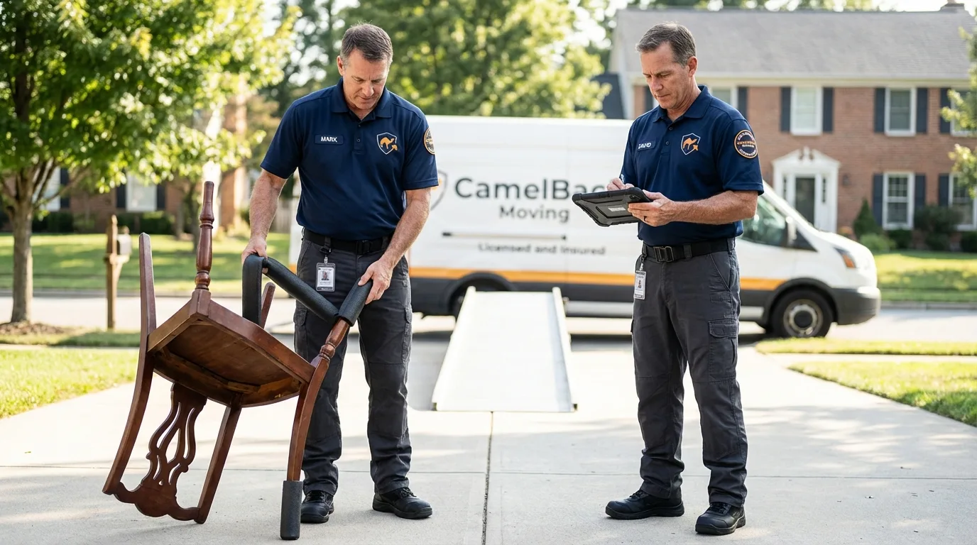 Movers inspecting furniture for damage prevention before loading in Mapleton, MN