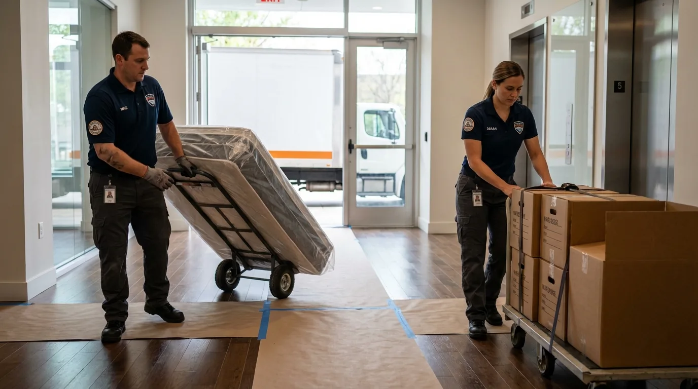 Professional apartment movers loading elevator in Mapleton, MN