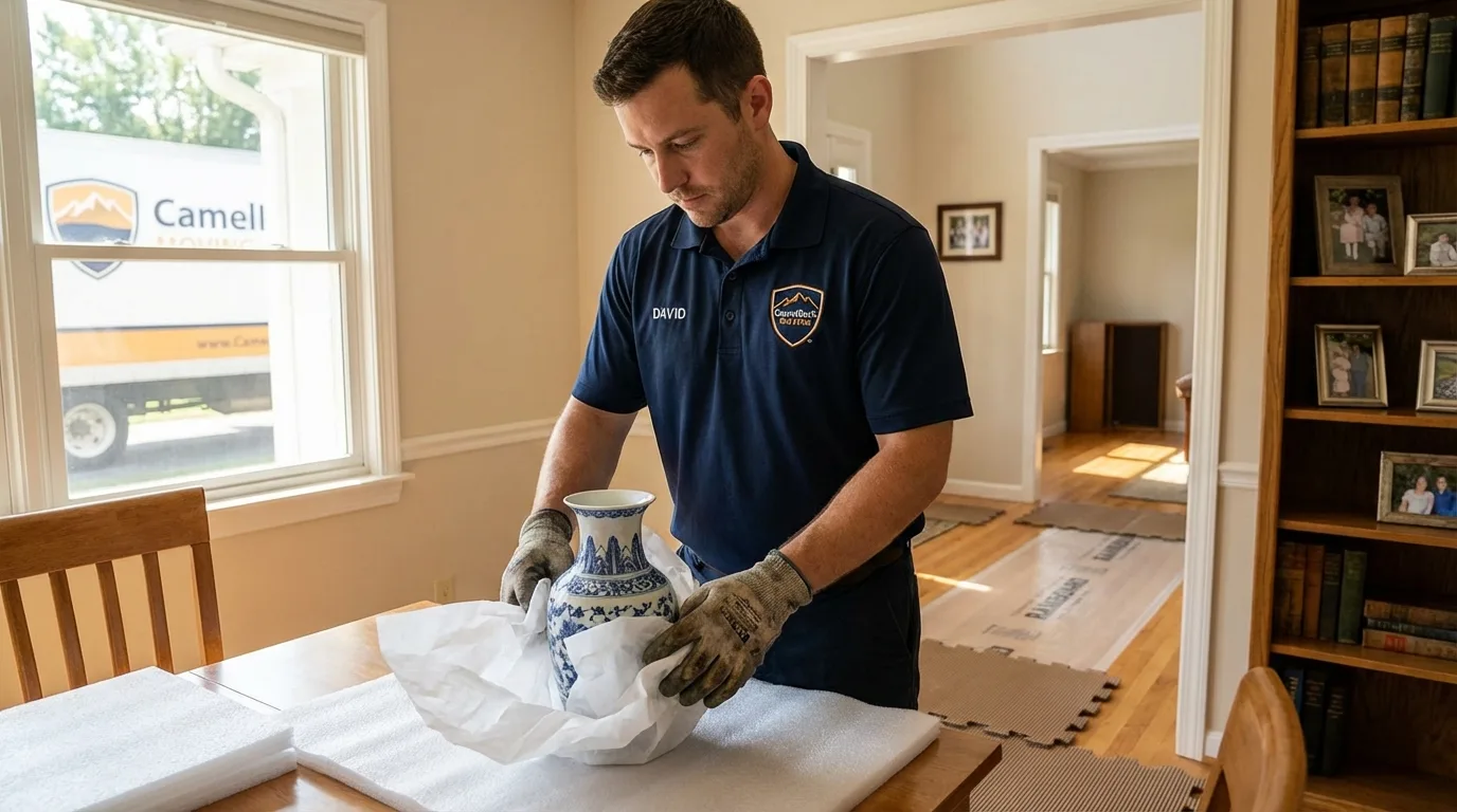 Professional crew carefully wrapping antique vase for senior downsizing move in Mapleton, MN